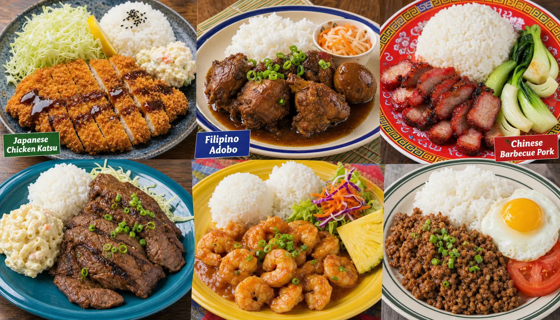 A collage of various plate lunch styles including chicken katsu, adobo, and barbecue pork, showcasing Hawaii's culinary diversity.