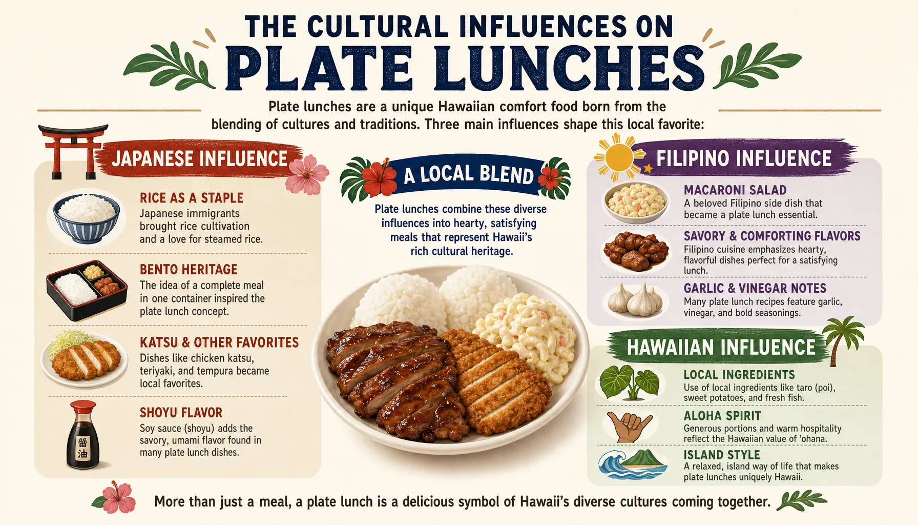 An infographic illustrating the multicultural influences on Hawaiian plate lunches, featuring icons for Japanese, Filipino, and Hawaiian cultures.