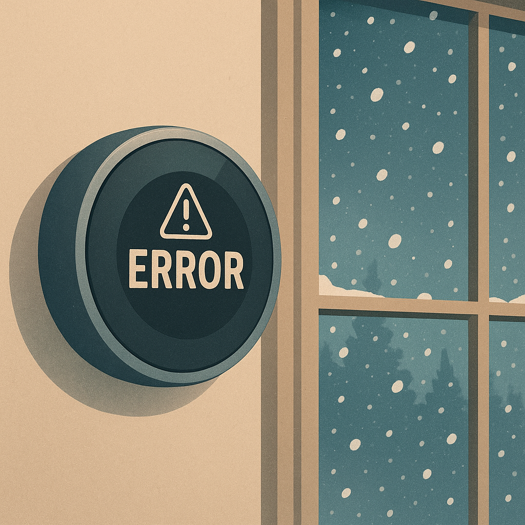 An illustration of a smart thermostat showing an error message with snow falling outside, representing a malfunction during winter.