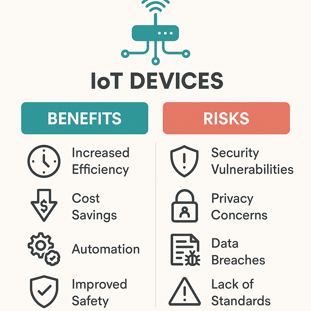 An infographic illustrating the benefits and risks of IoT devices, with icons representing convenience and security vulnerabilities.