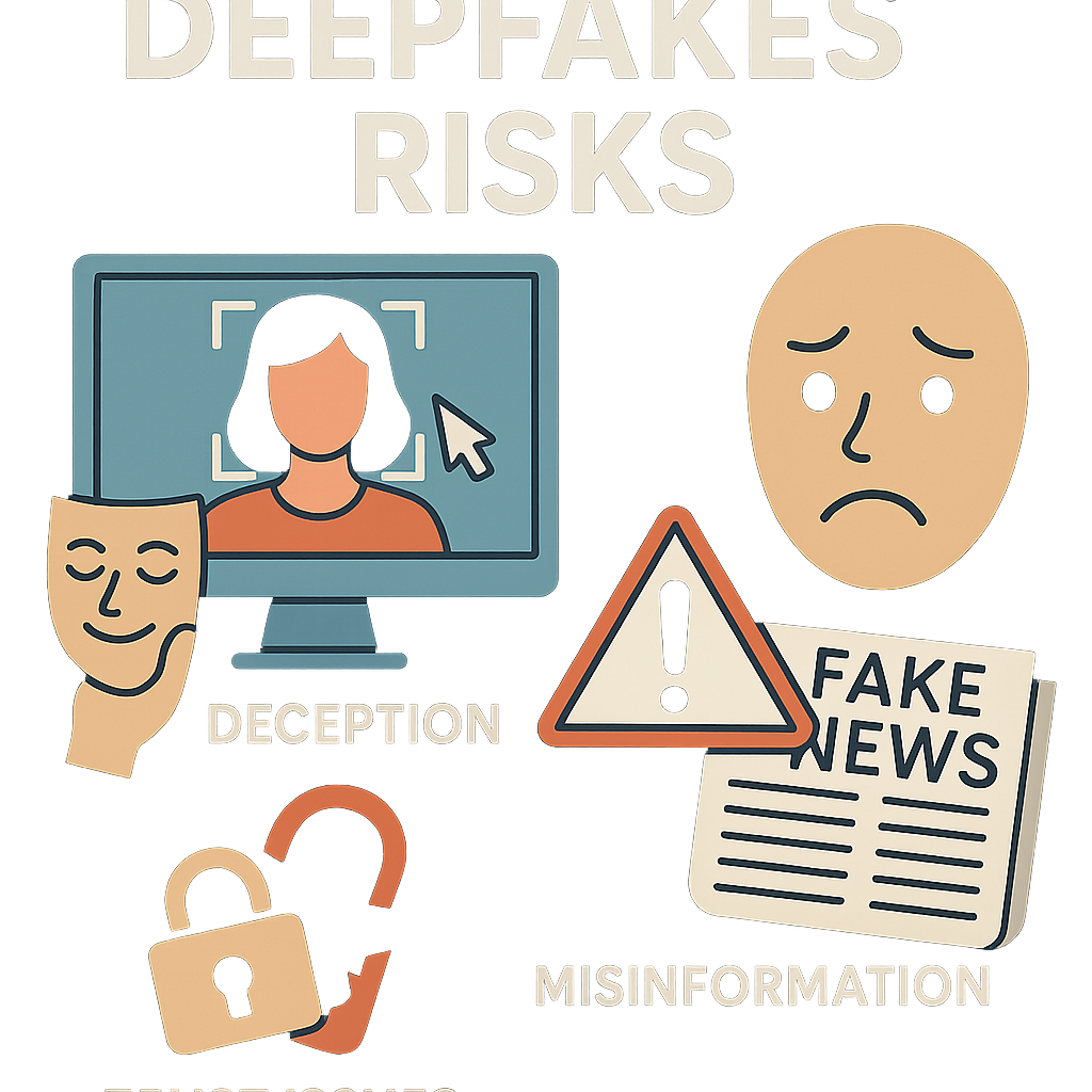 A visual representation illustrating the risks of deepfakes, featuring icons that symbolize misinformation and trust issues