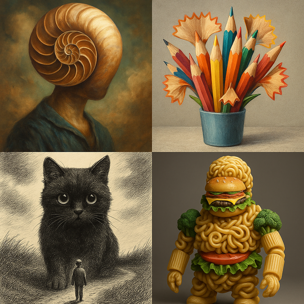 A collage featuring various viral surreal art pieces made with generative AI, highlighting different styles and media