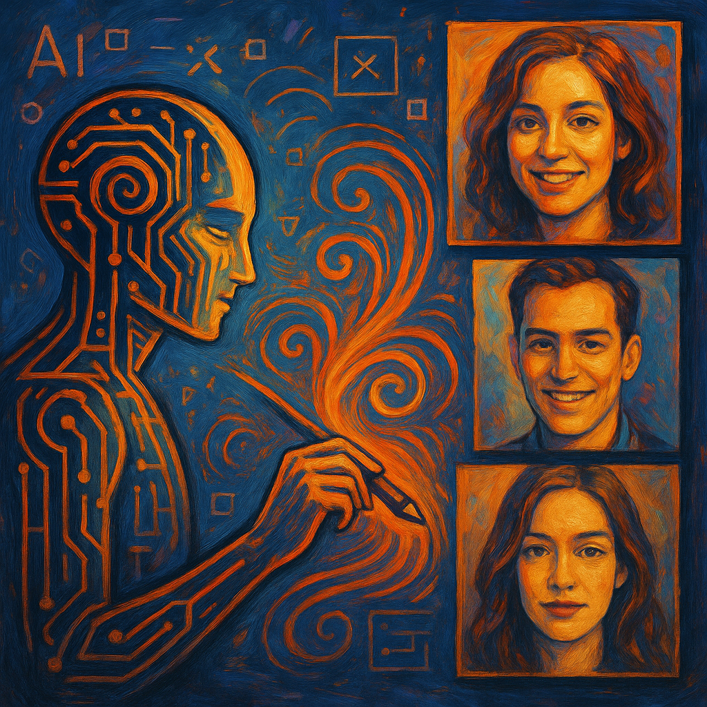 An artistic depiction of AI algorithms at work, generating deepfake images, illustrating the creative process