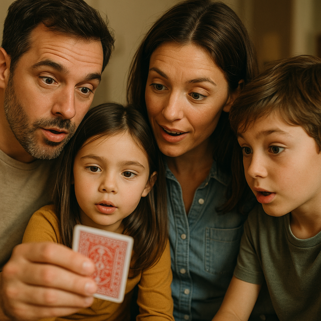 A family of four sitting together, discussing a magic trick with animated expressions of curiosity.