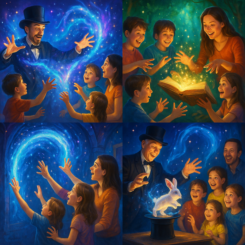 A collage showing families of different ages enjoying various magic experiences, including stage performances and interactive tricks.