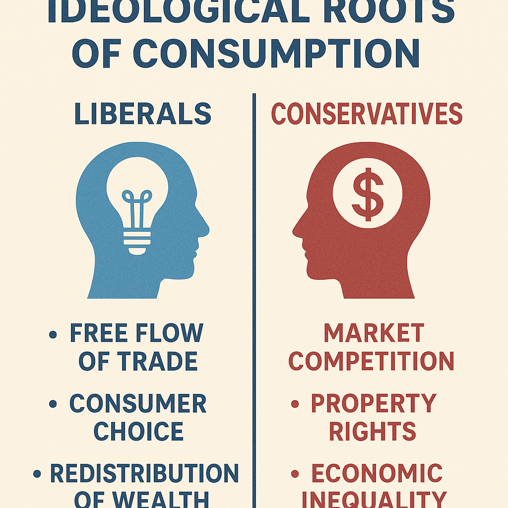An infographic illustrating the ideological beliefs of liberals and conservatives regarding consumer behavior.