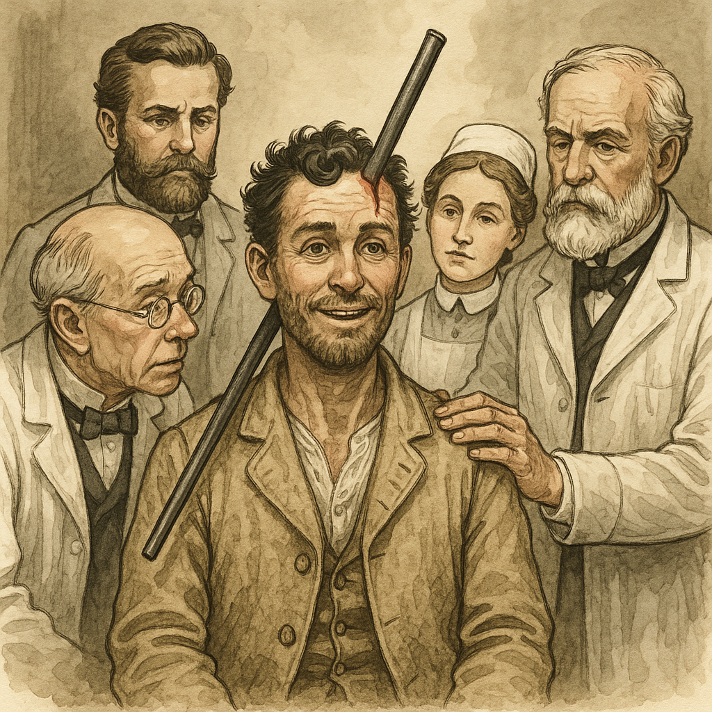Illustration of a man with a metal rod through his skull being treated by doctors, symbolizing a medical miracle.