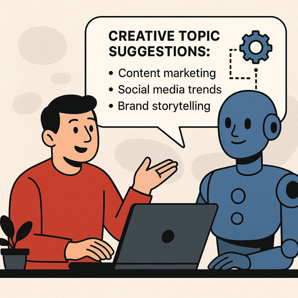 Marketer using AI prompt engineering for viral topic ideas.