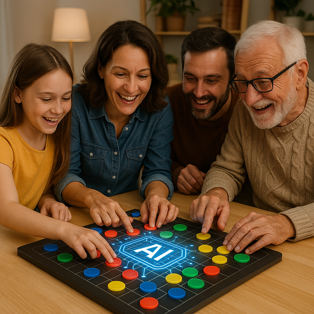 Multiple generations work together on an AI-enhanced board game challenge.