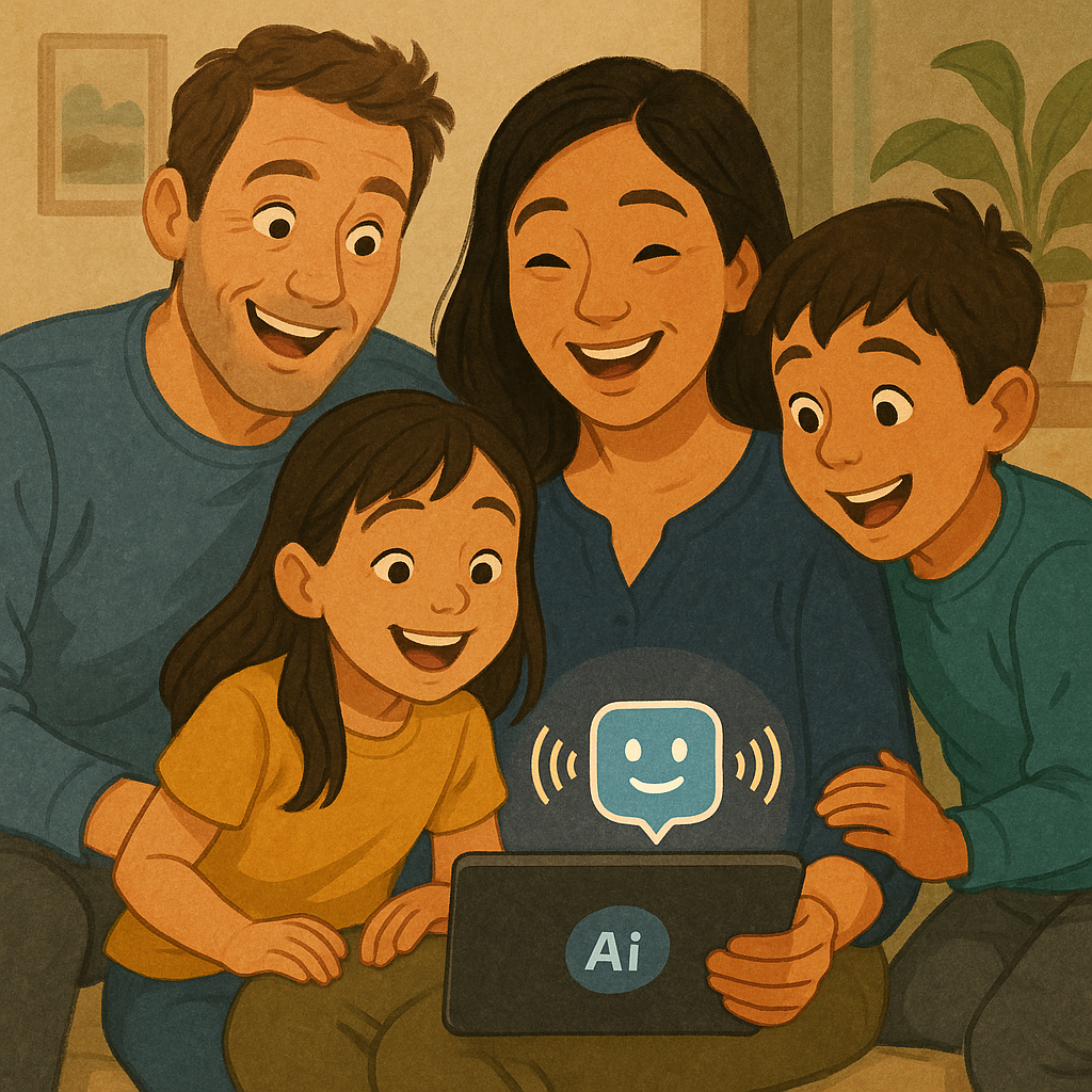 Parents and children listening to an AI-generated bedtime story together.