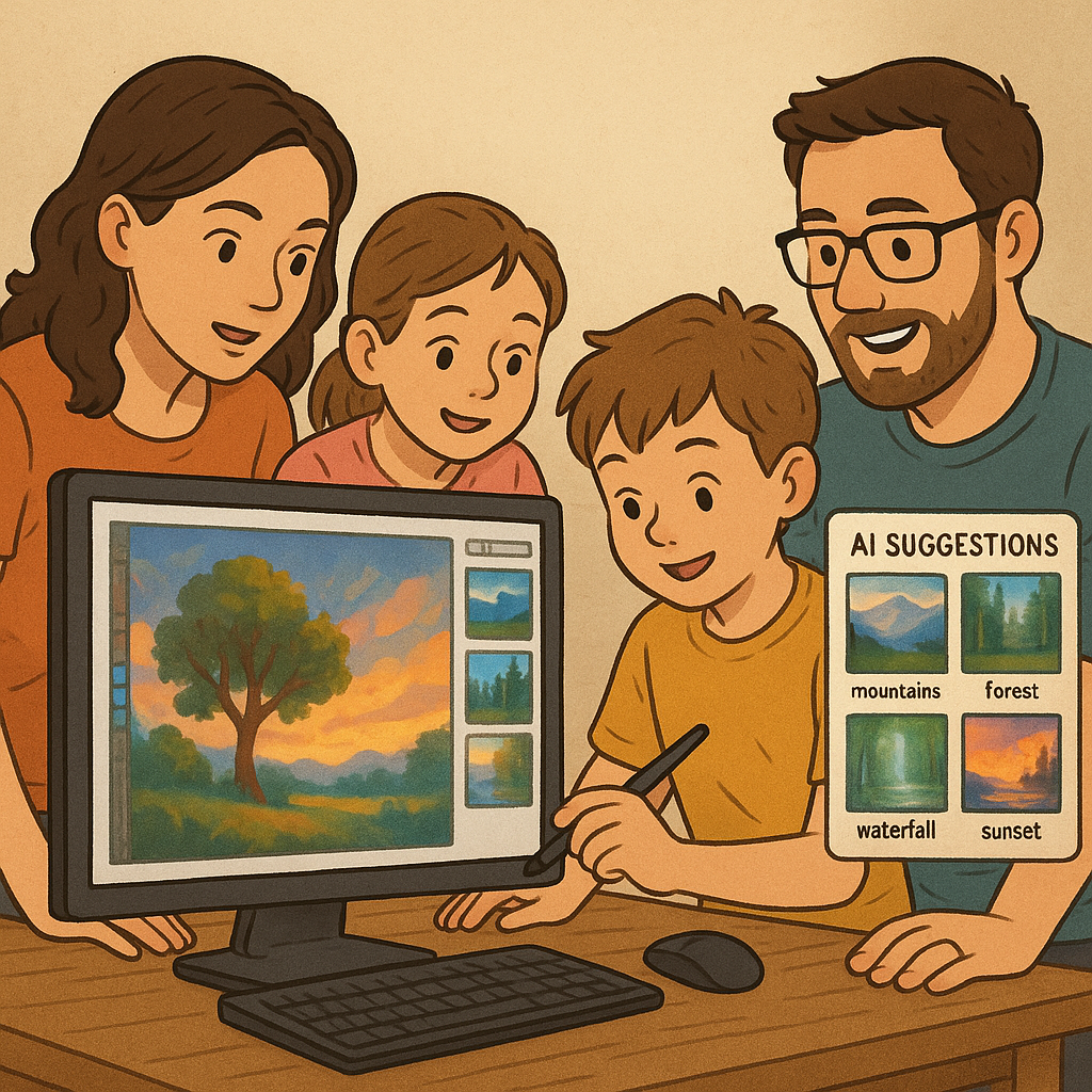 A family enjoys making a digital artwork together with AI suggestions.