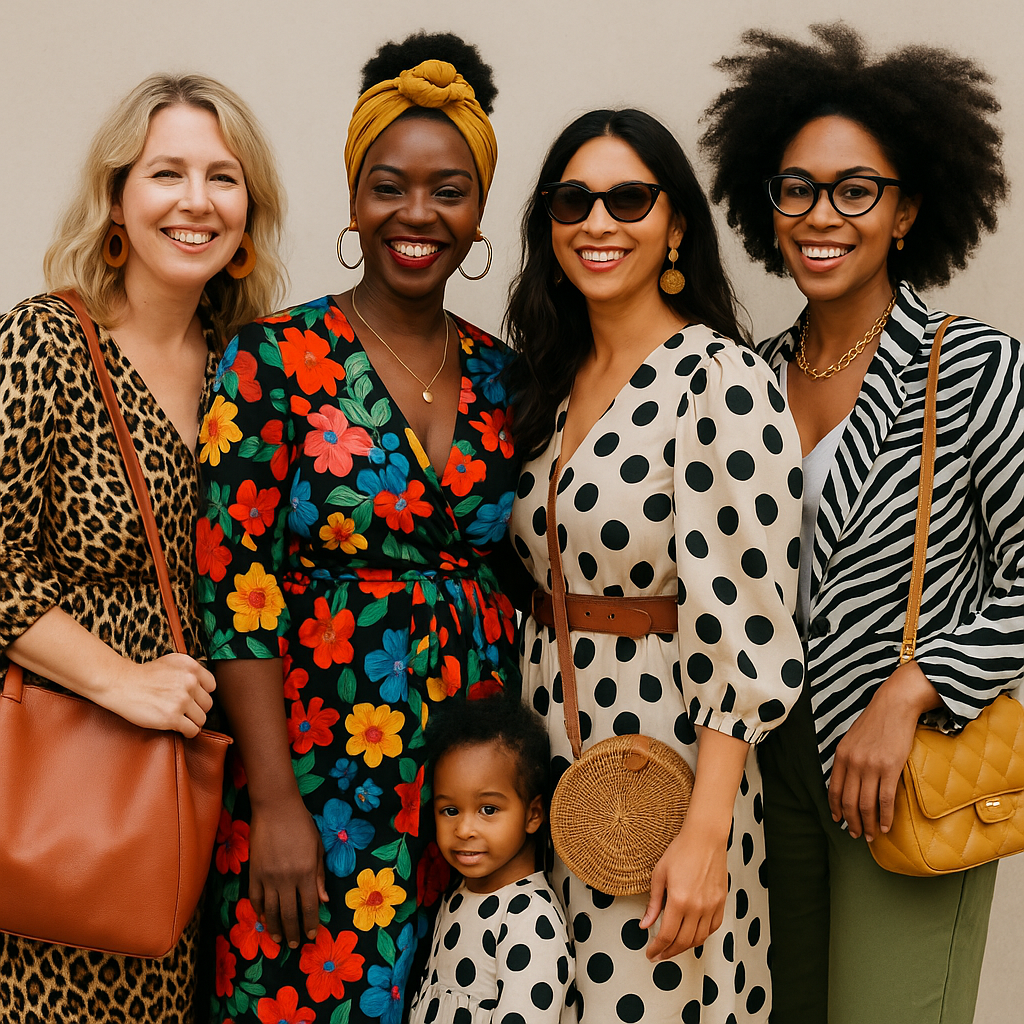 A diverse group of moms expressing their unique fashion styles with bold prints and accessories.