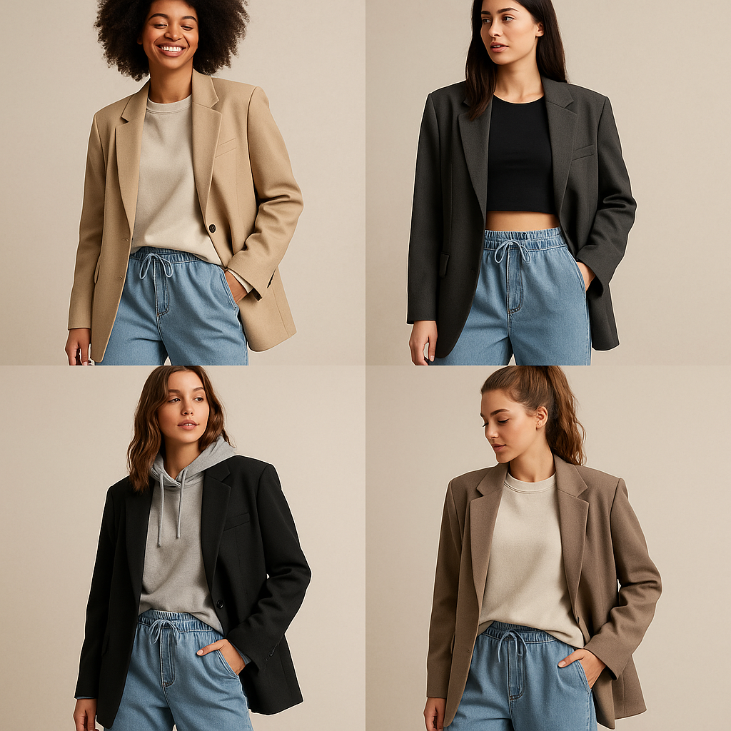 A collage showcasing oversized blazers, jogger jeans, and athleisure wear, representing comfort in mom fashion.