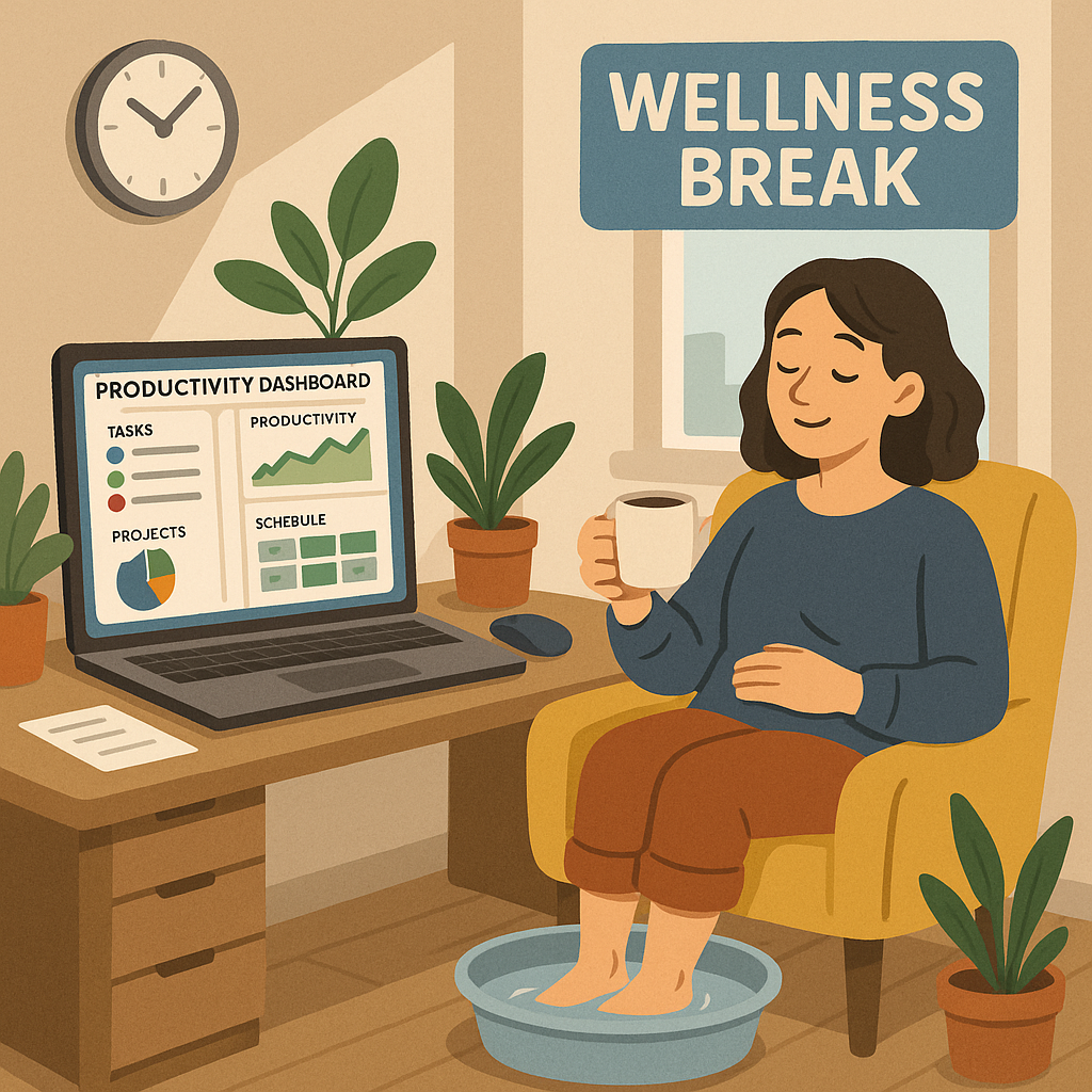 A person using a productivity dashboard and taking a wellness break at home.