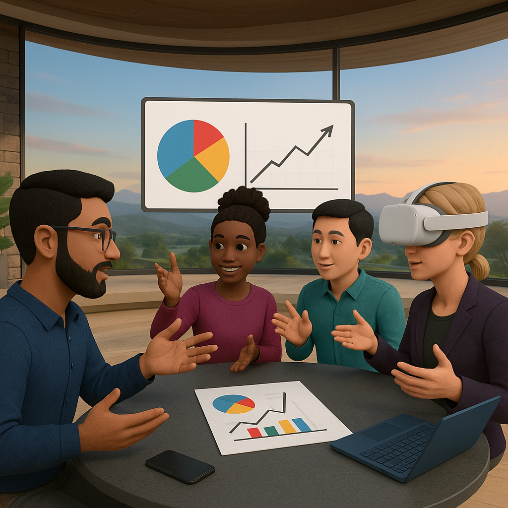 A virtual reality team meeting with diverse avatars collaborating.
