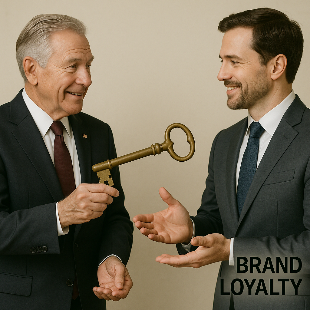 Family business leaders passing a symbolic key, illustrating generational succession and brand loyalty.