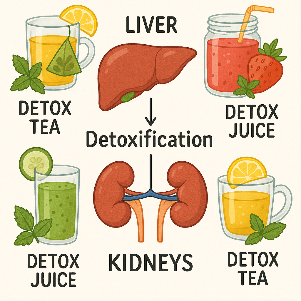 An illustration of the liver and kidneys, highlighting their role in detoxification, with images of detox teas and juices around them.