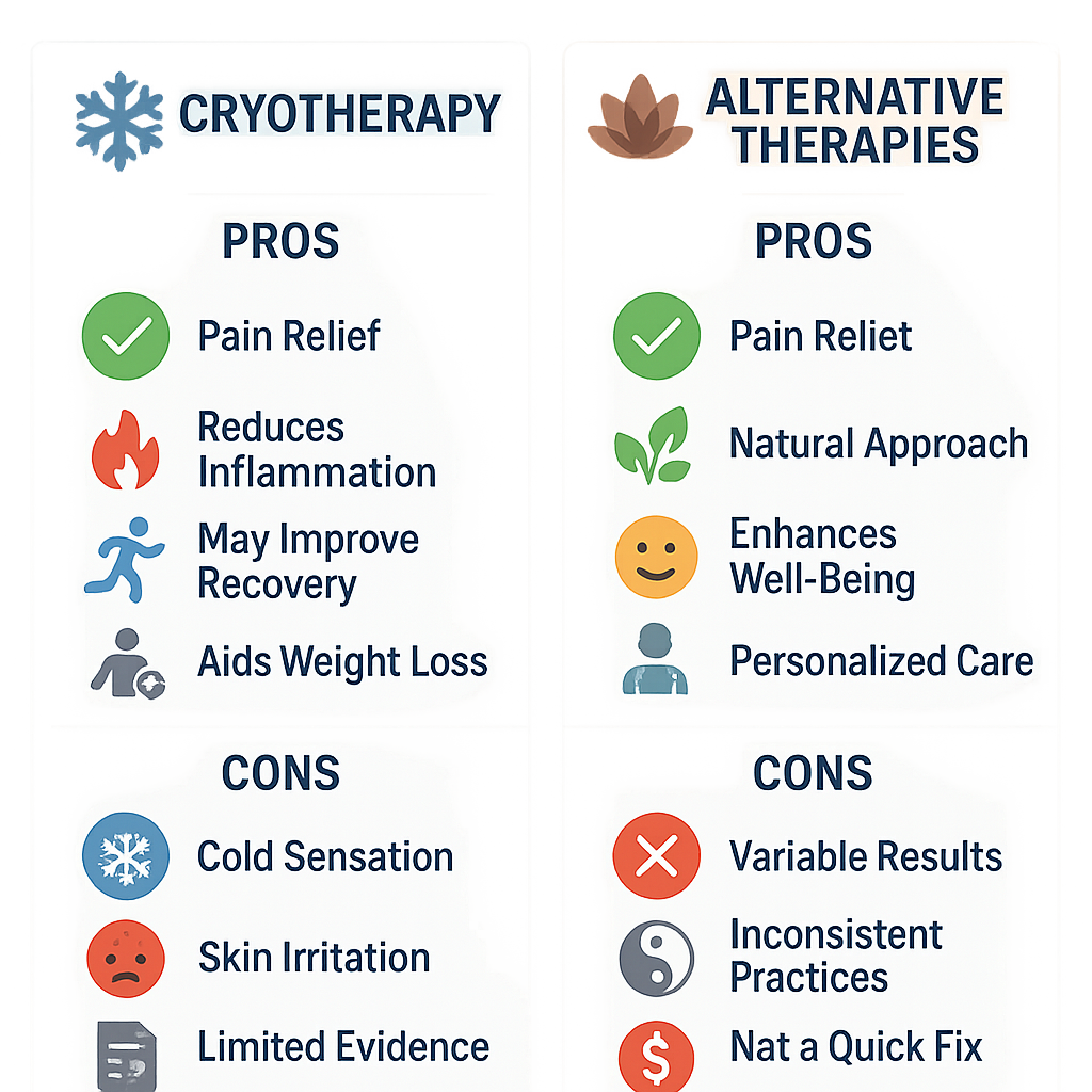 A diagram illustrating the pros and cons of cryotherapy and alternative therapies.