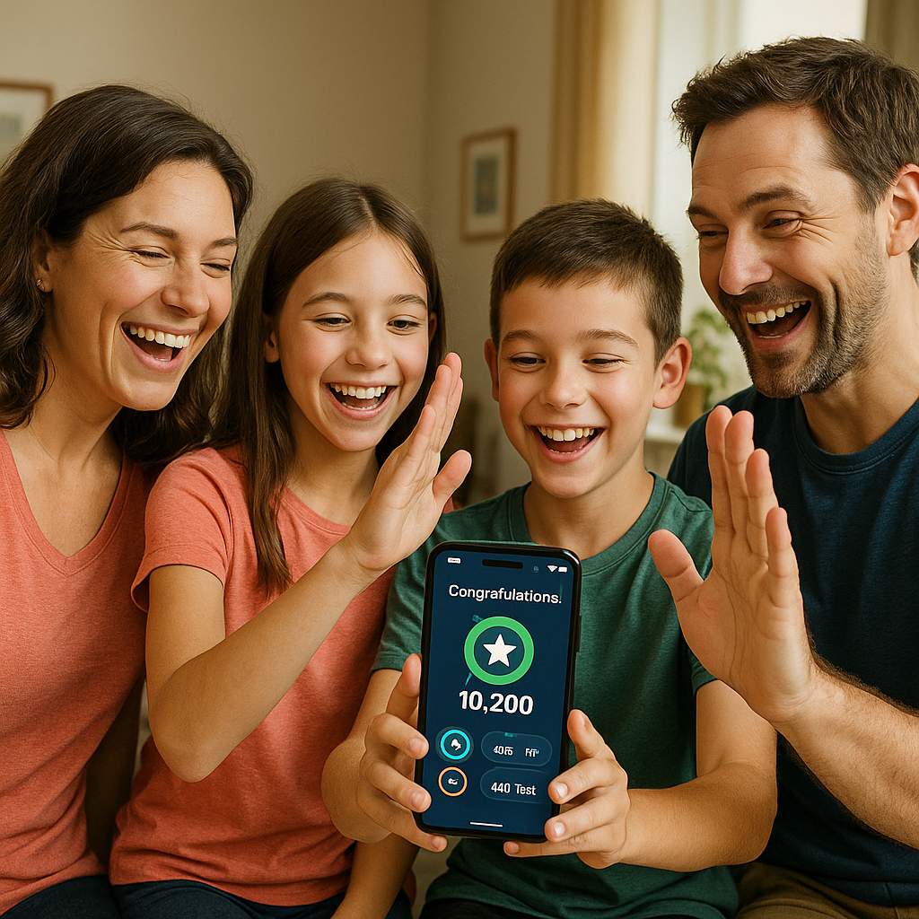 A family checks progress on their gamified exercise app, celebrating collective milestones.