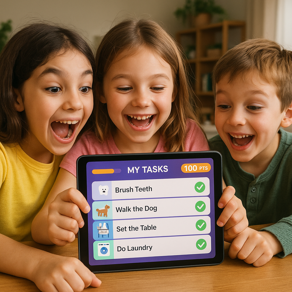Children track completed tasks on a gamified household management app as part of their daily routine.