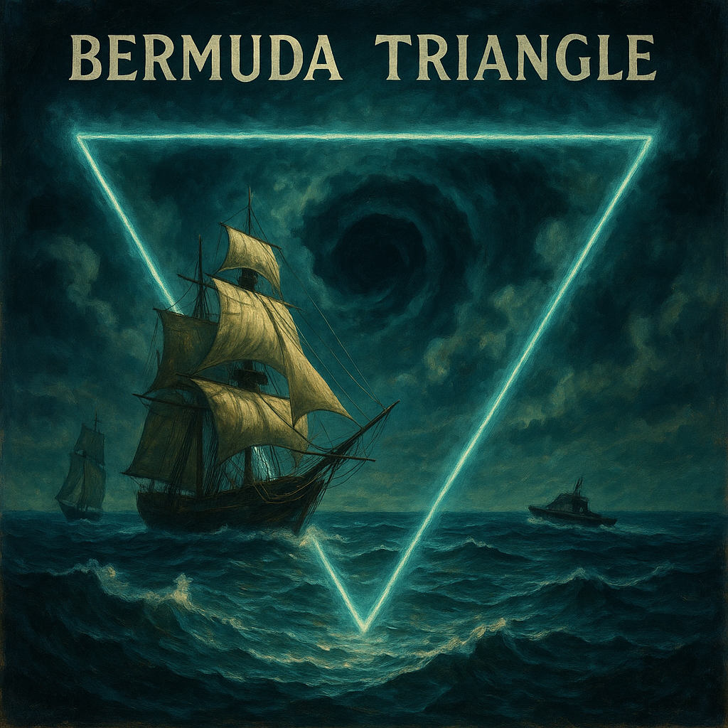 An artistic representation of the Bermuda Triangle with boats, symbolizing the unexplained phenomena associated with it.
