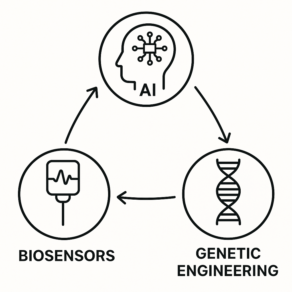 Diagram showing the integration of AI, biosensors, and genetic engineering