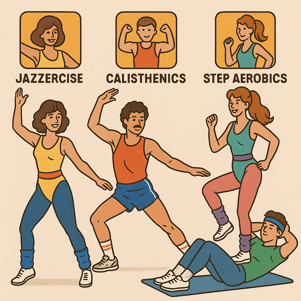 Illustration depicting different retro workout styles such as Jazzercise, calisthenics, and step aerobics with corresponding icons.