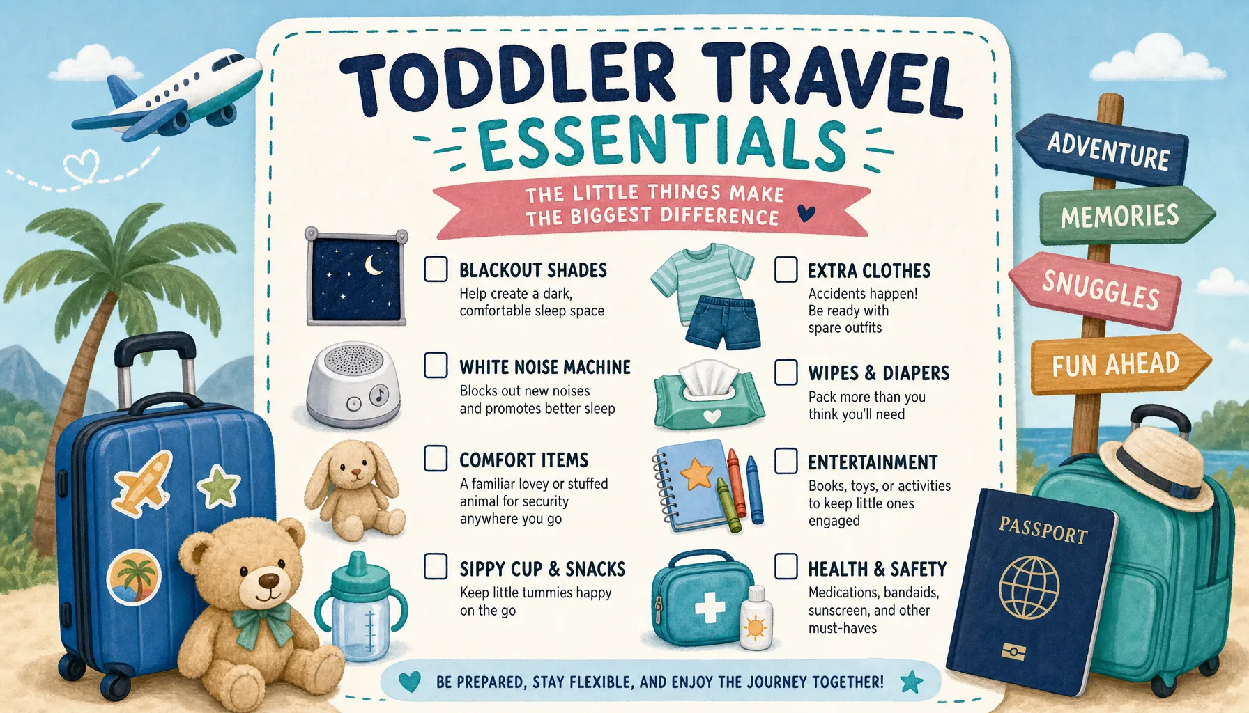 An illustrated checklist of travel essentials for toddlers, including blackout shades, white noise machines, and comfort items.