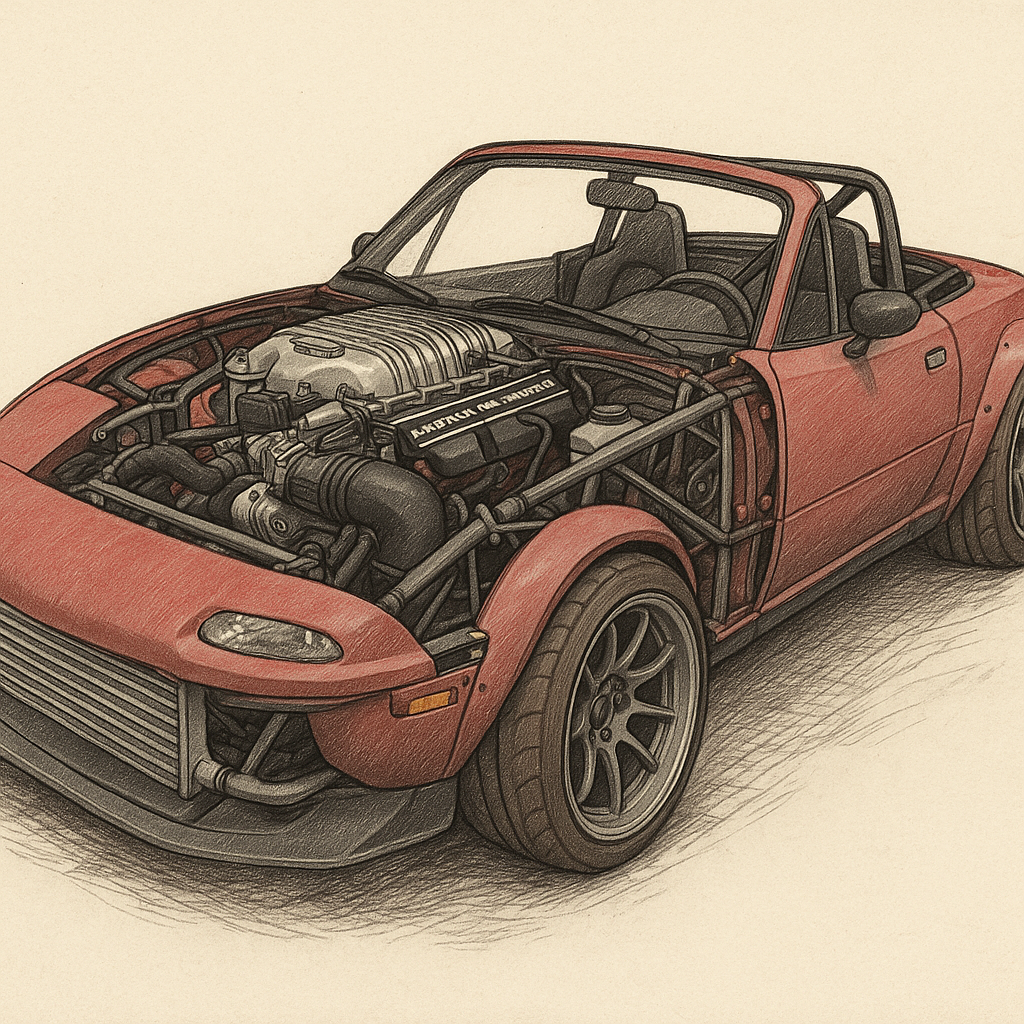 A Mazda MX-5 Miata transformed with a Hellcat V8 engine, emphasizing its custom fabrication and performance upgrades.