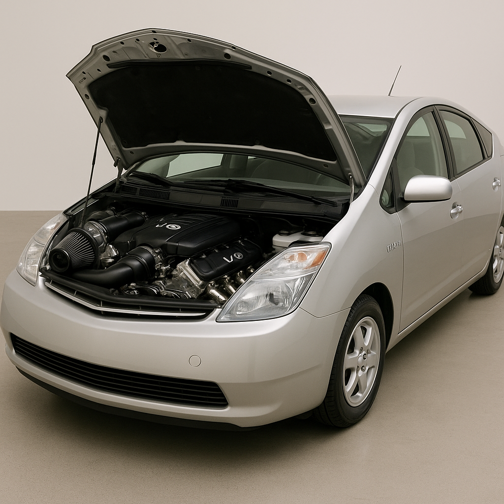 A classic Toyota Prius with its hood open, revealing a large V8 engine, showcasing engineering ingenuity.