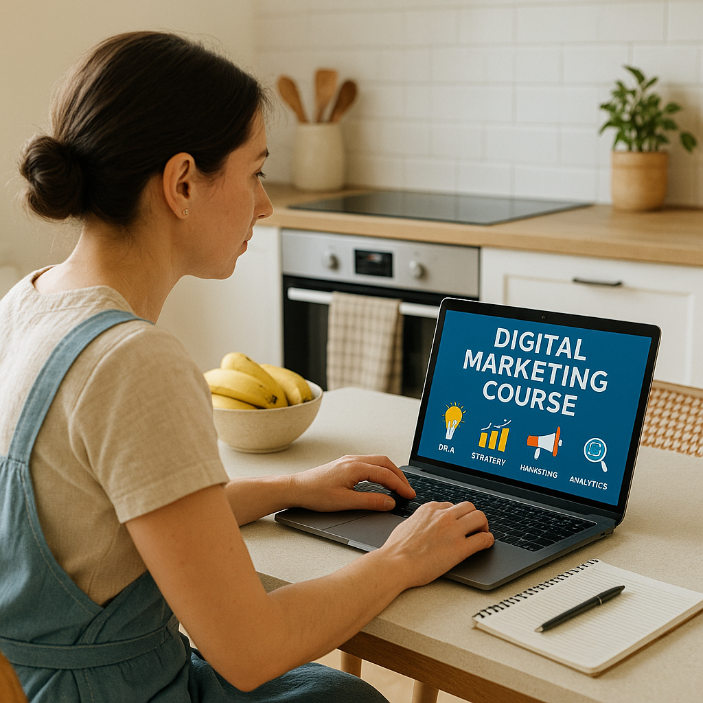 Housewife attending an online digital marketing course on a laptop.