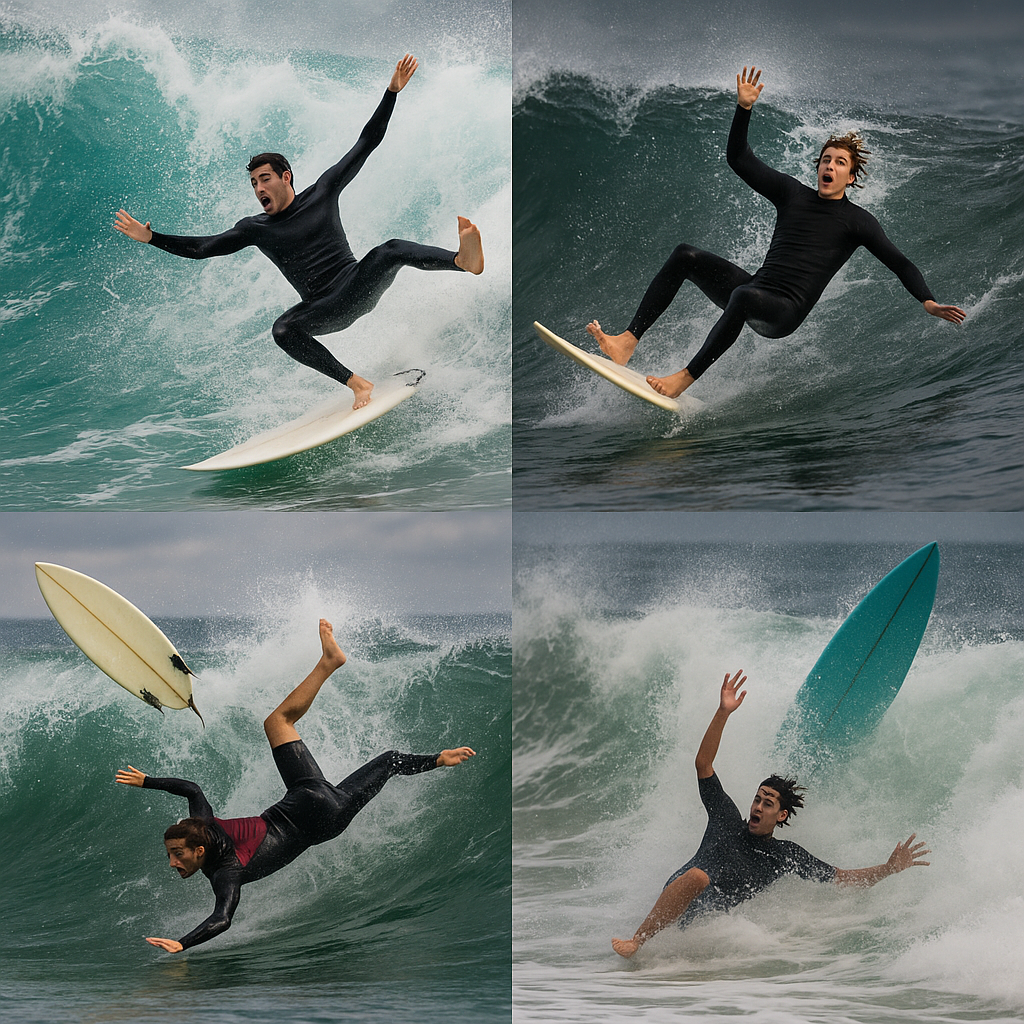 A collection of images showing surfers experiencing wipeouts in different surfing scenarios.