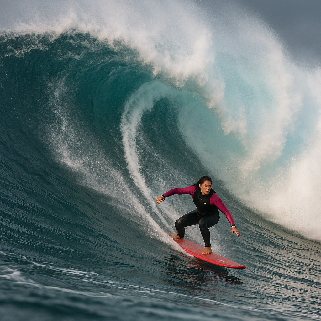 Maya Gabeira riding a massive wave at Nazaré, representing triumph over adversity.