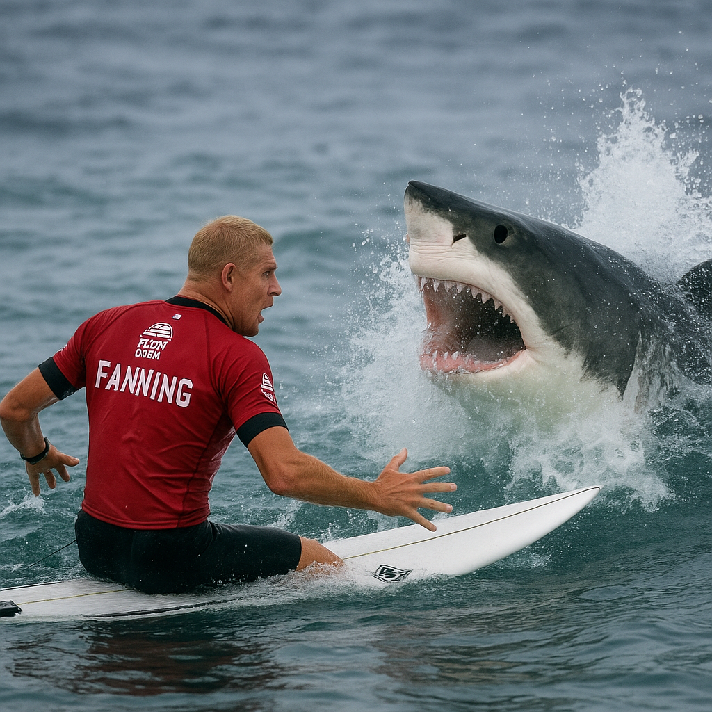 Mick Fanning in the water, facing a shark during a live surfing competition.