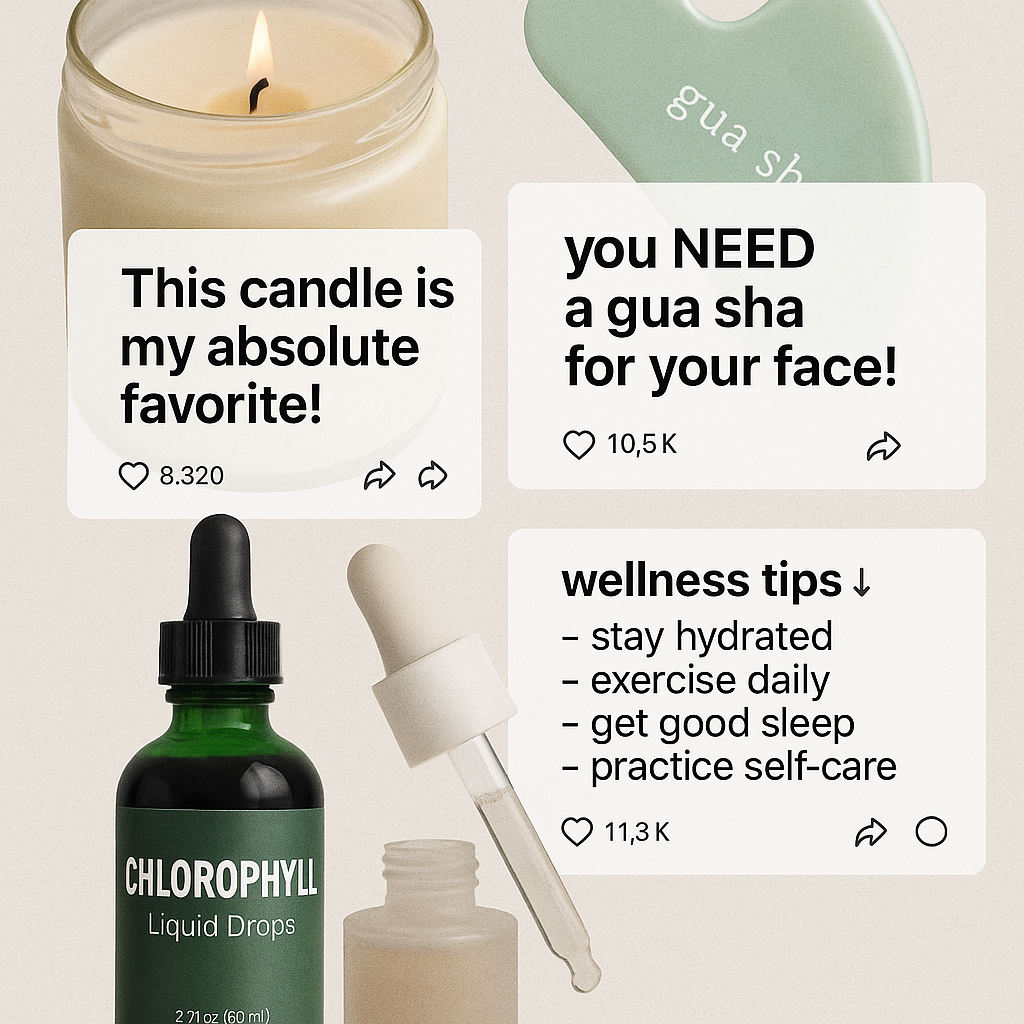 A collage showing wellness products and viral social media posts.