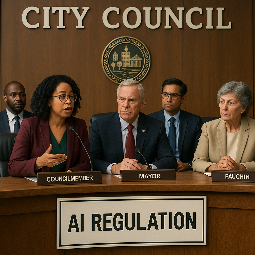 A city council meeting with diverse members discussing AI regulation, highlighting collaboration across political lines.