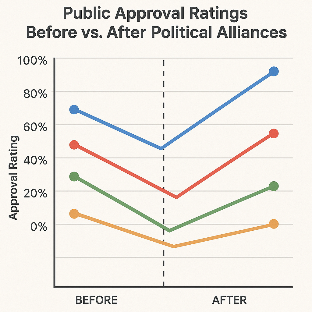 Graphical representation of public approval ratings before and after political alliances, showing fluctuations in public sentiment.