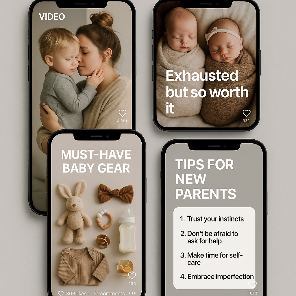 Collage of parenting videos trending on various social media platforms.