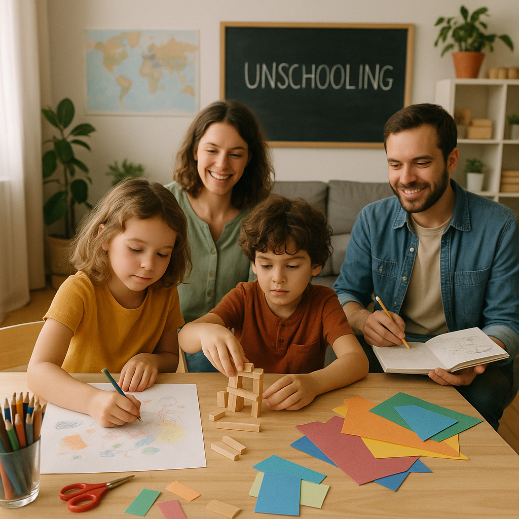 Children engaged in self-directed learning at home, depicting unschooling in practice.