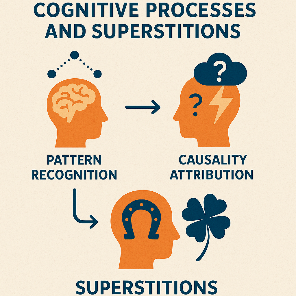 An infographic showing psychological processes such as pattern recognition and causality attribution related to household superstitions.