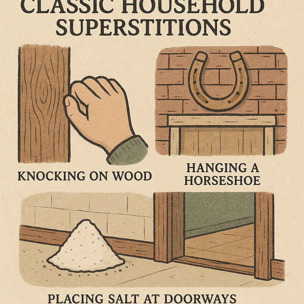 Visual representation of classic household superstitions including knocking on wood, hanging a horseshoe, and placing salt at doorways.