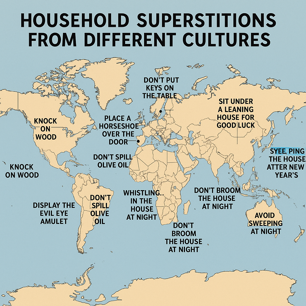 World map showcasing household superstitions from various cultures.