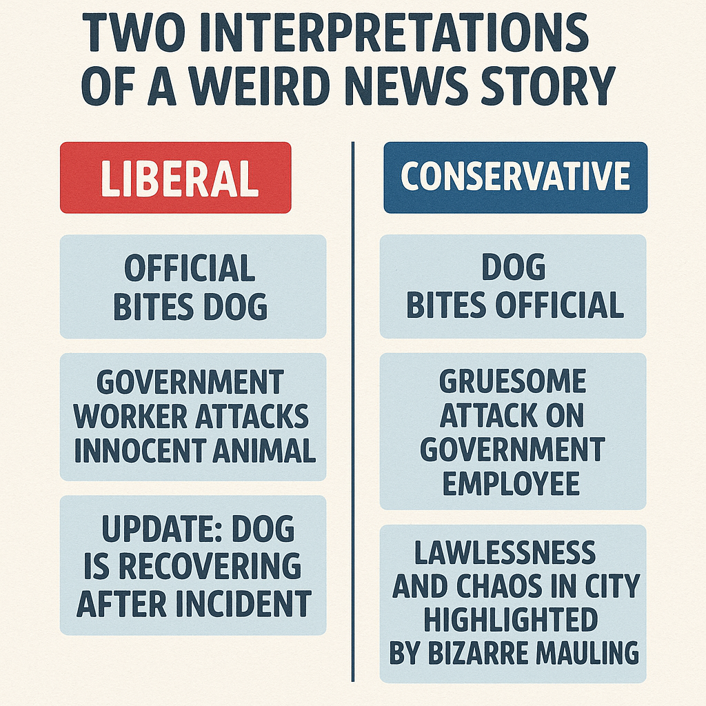 An infographic illustrating two interpretations of a weird news story, one from a liberal perspective and one from a conservative perspective, highlighting differences in framing.