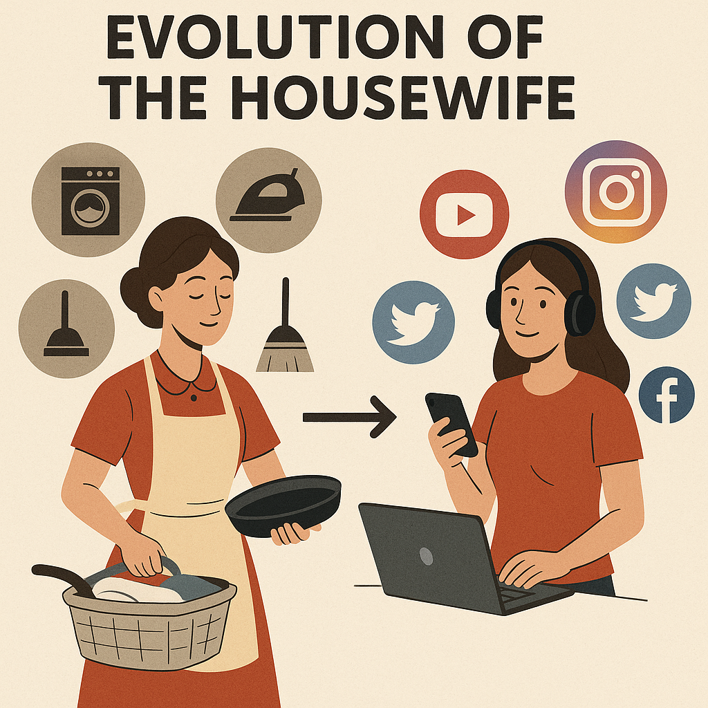An infographic illustrating the transition of housewife roles from traditional domesticity to digital engagement.