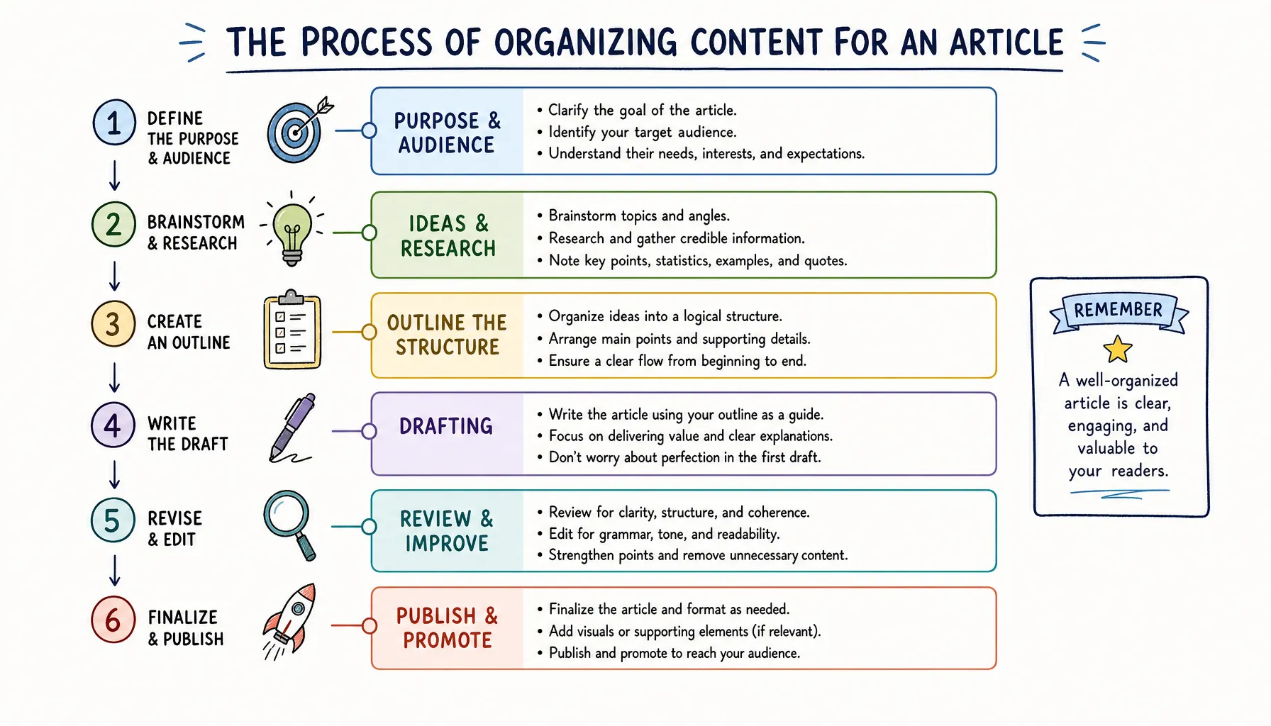 An illustrated outline for an article with headings and bullet points.