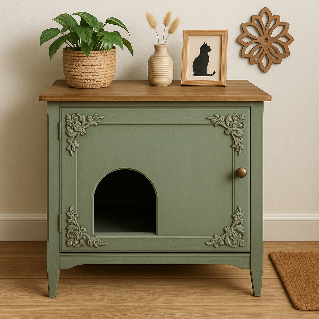 An upcycled cabinet serving as a litter box enclosure with a cat-sized opening.