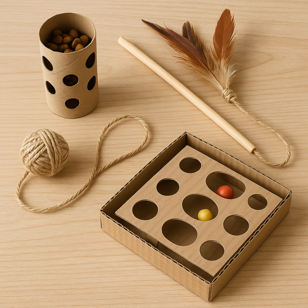 A collection of homemade interactive cat toys including a puzzle feeder and feather wand.