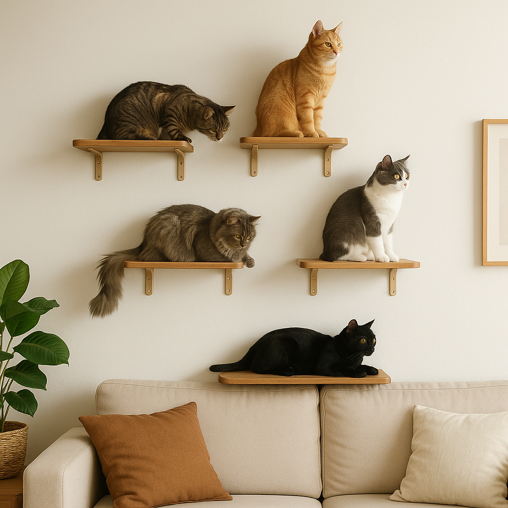 Staggered wall-mounted shelves in a living room for cats to climb and perch.